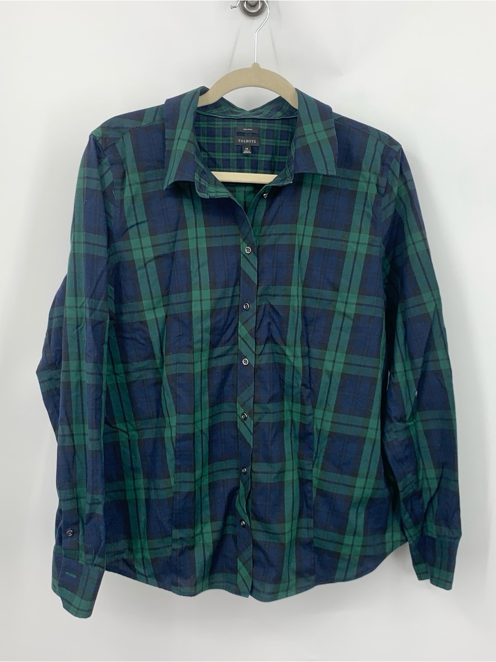 Talbots Women Size 14 XL Shirt Blue Green Tartan Plaid‎ Button Down Top Non Iron